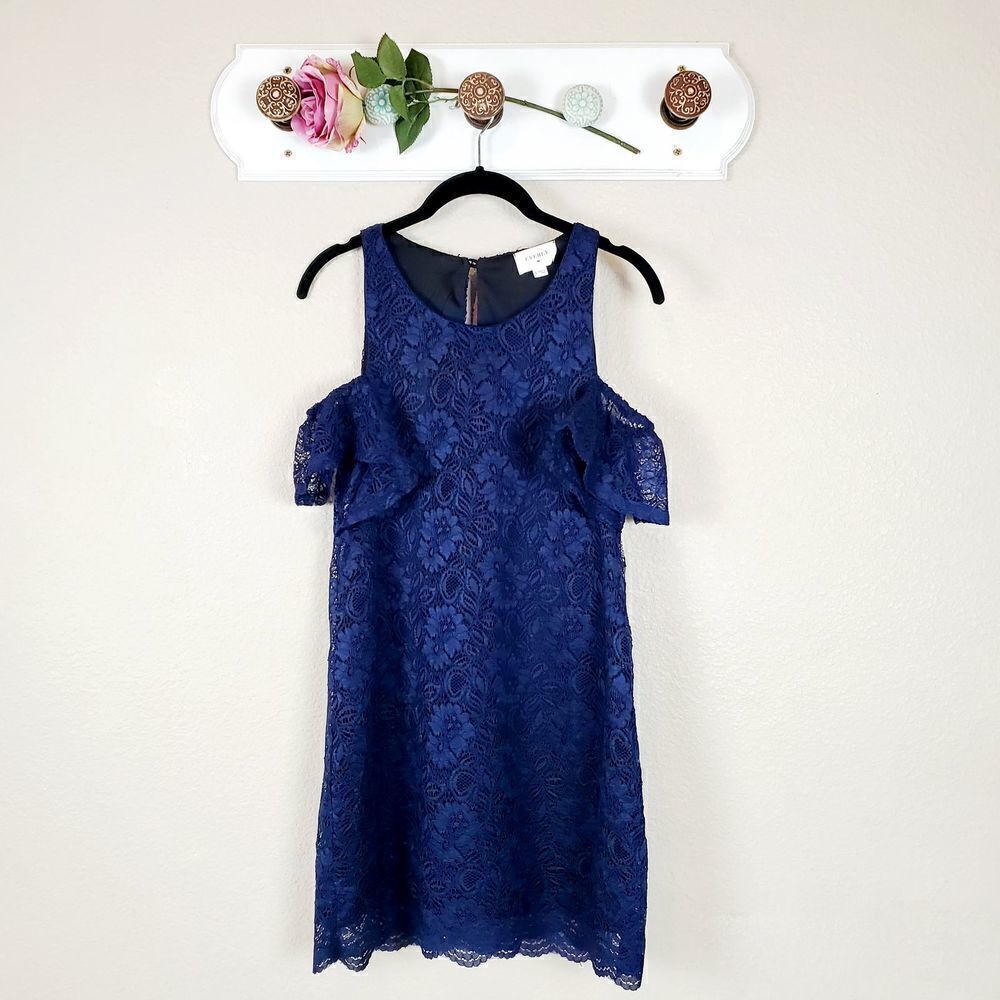 Everly Floral Lace Cold Shoulder Dress S Navy Blue Scallop Hem Mini